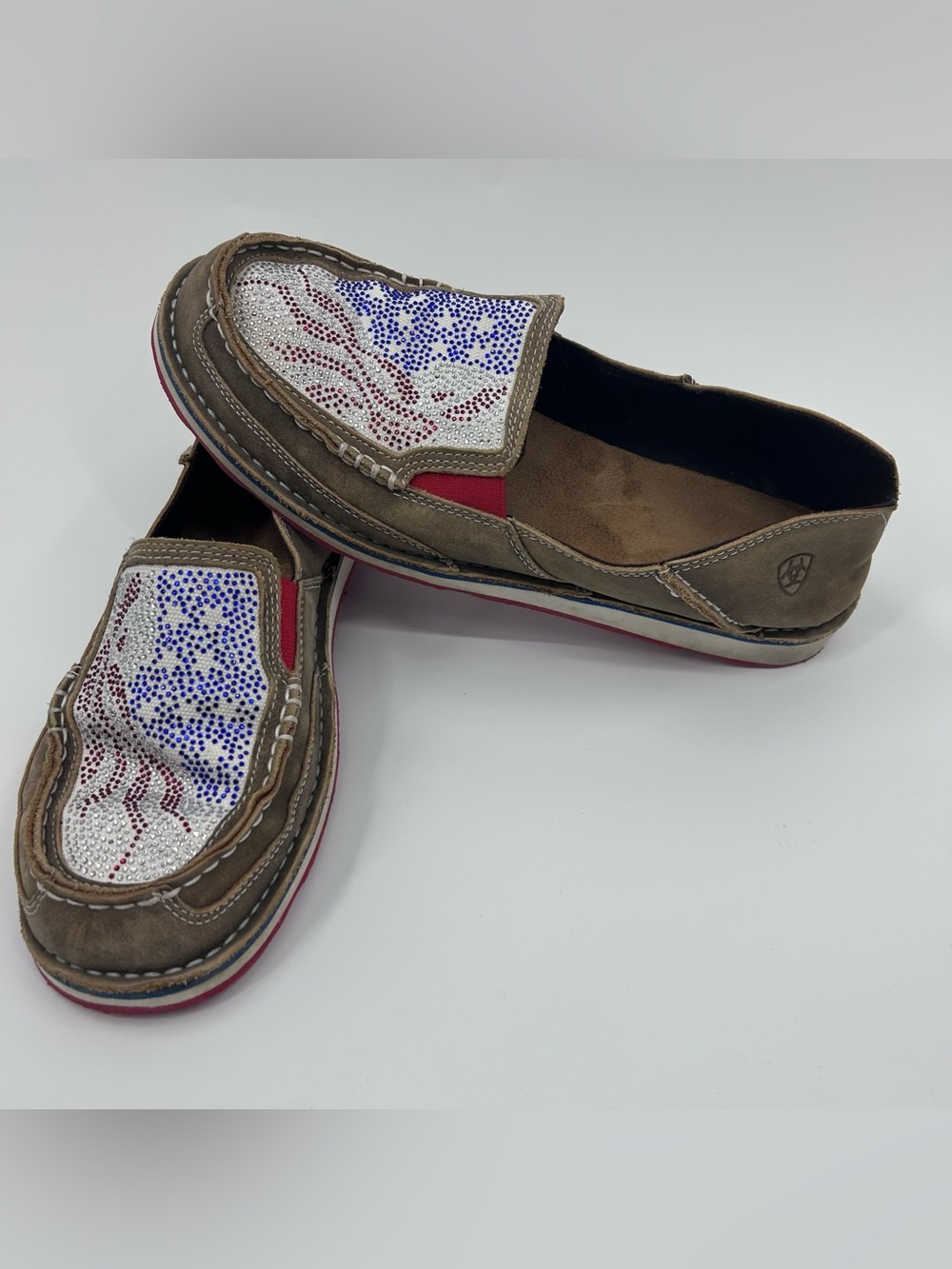 Ariat Brown Loafers with White, Blue & Red Embellishments 11B